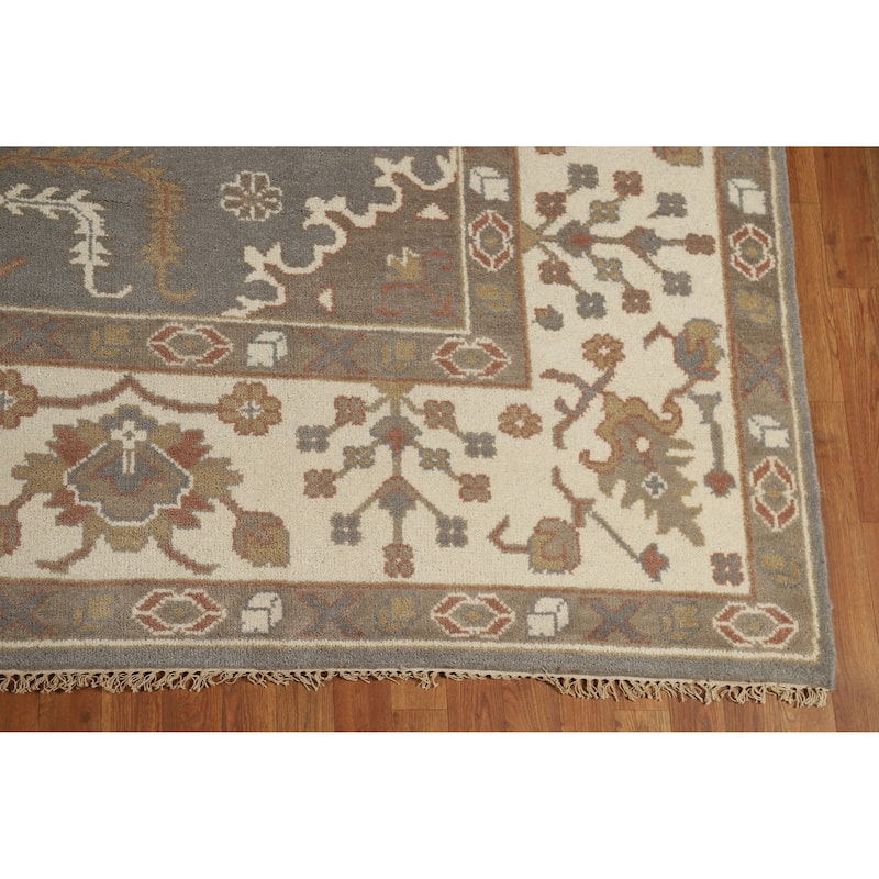 Gray Oushak Indian Area Rug Handmade Transitional Floral Wool Carpet - 9'2" x 11'7"