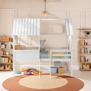 Twin Size Low Loft Wood House Bed with Two Side Windows - Bed Bath ...
