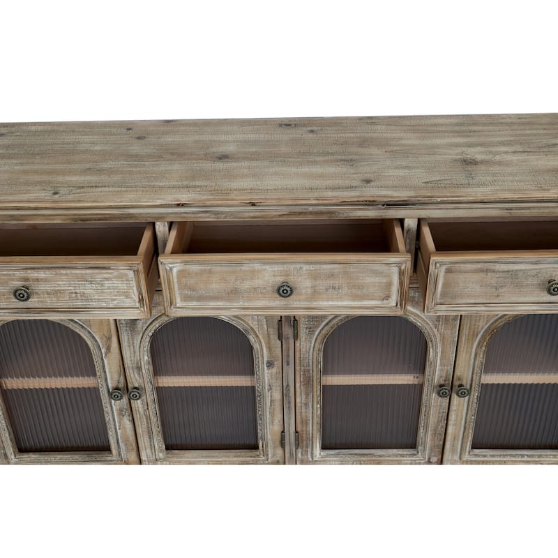 59.06"Farmhouse Sideboard Buffet Cabinet, Distressed Wood Credenza with 3 Drawers & 4 Glass Doors, Storage Cabinet with Shelves