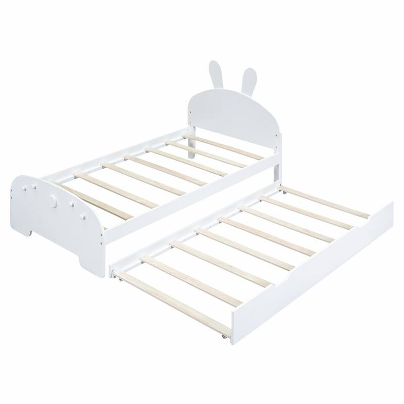 Wood Twin Size Platform Bed with Cartoon Ears Shaped Headboard and ...