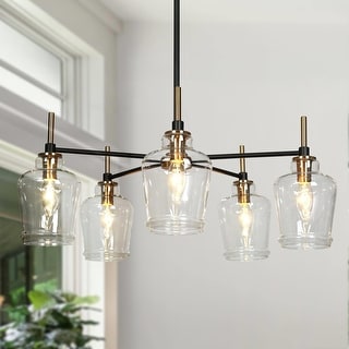 Mid-Century Modern 5-Light Glass Chandelier Black Gold Pendant Lights for Dining Room