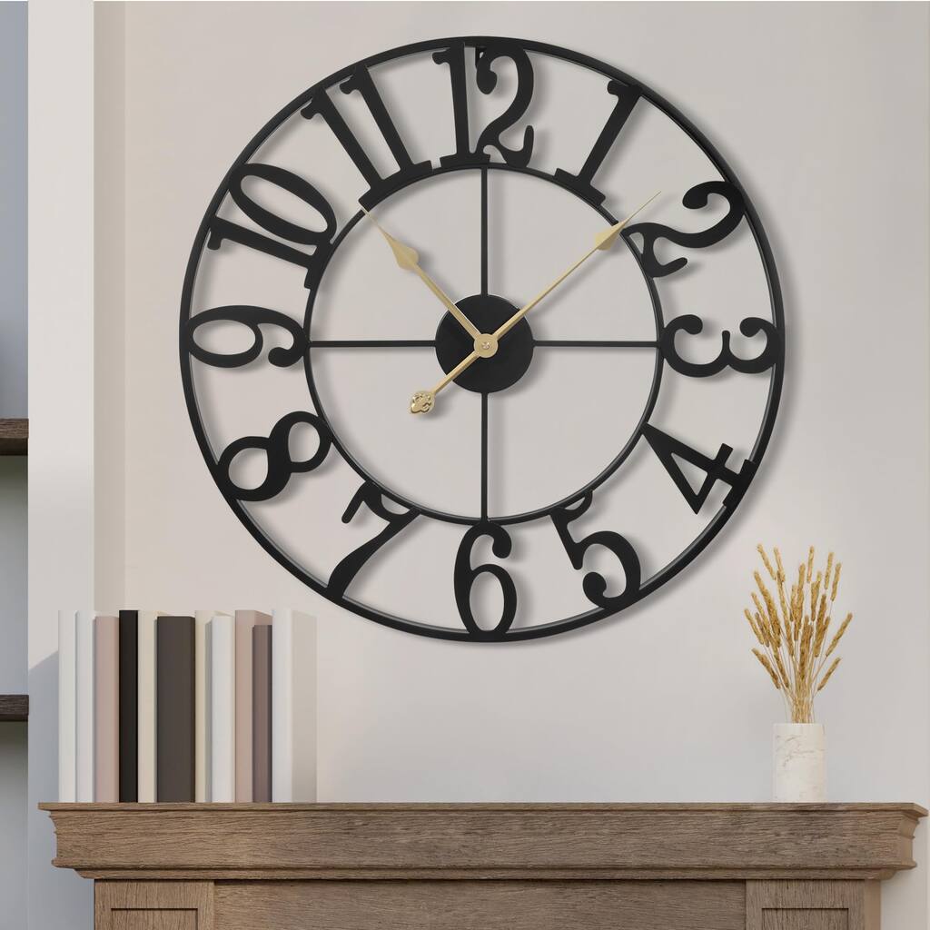 Wall Clock 24 Inch Round Large Indoor Battery Operated Silent Non Ticking, Farmhouse Vintage Decorative Analog Metal Clock