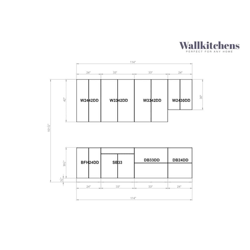 Kitchen Contemporary Collection White Matte Color Base Size 9.5Ft Wide - 114x24