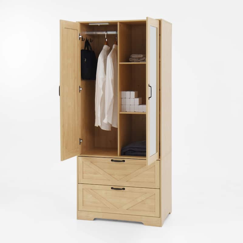LED Wardrobe Cabinet Bedroom Tall Armoire with Mirror, Folding and Hanging Areas