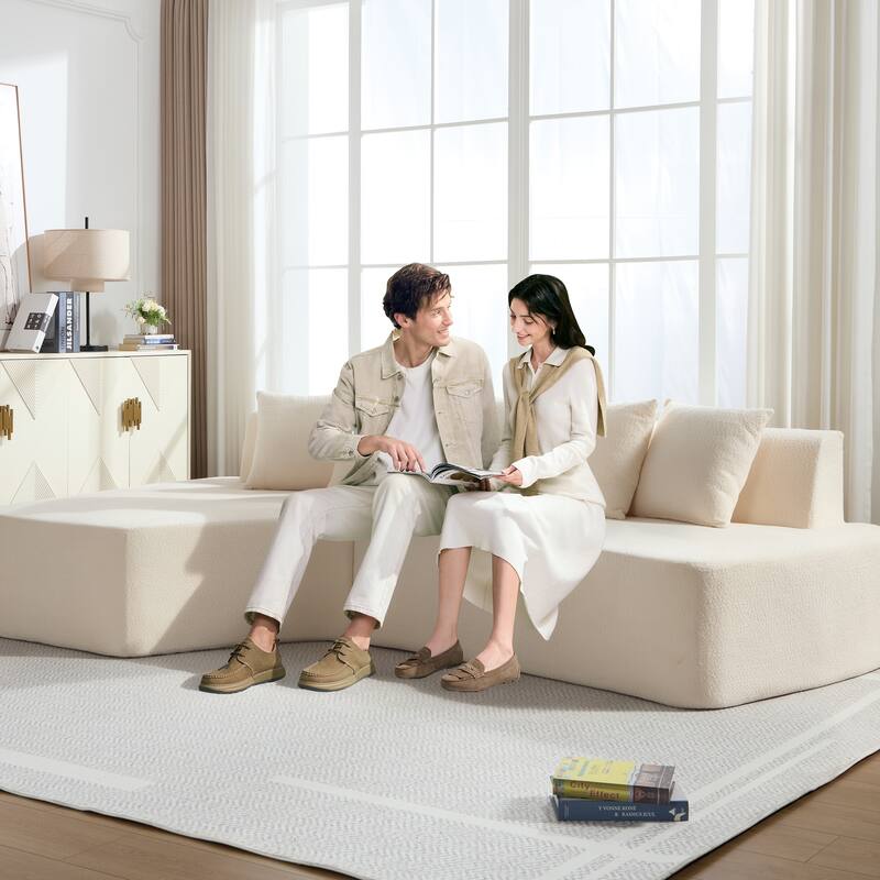 Irregular L-Shaped Modular Sectional Sofa with Chaise Lounge, Comfy Corduroy Deep Seat Cloud Couch, 3 Seat Sofa with 5 Pillows - Ivory