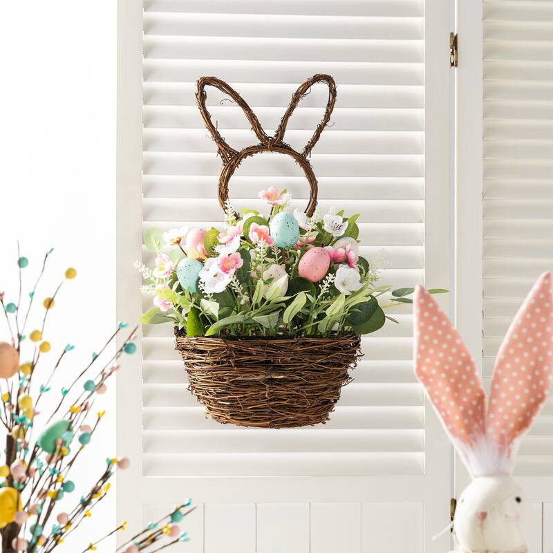 Glitzhome Easter Bunny Shaped Wreath with Eggs Satin Ribbon Bow Basket
