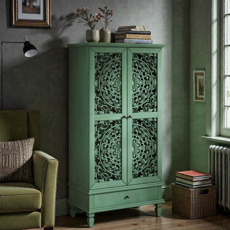 55'' Rustic Tall Storage Cabinet with Drawer, Carved Wood 2-Door Accent Cabinet with Solid Wood Legs for Living Room - Antique Green