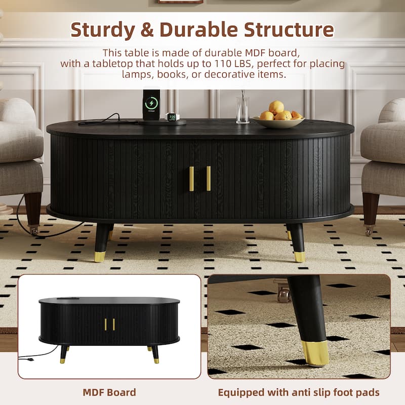 42.5" Mid-Century Oval Coffee Table – Solid Wood Fluted Design with Sliding Tambour Door & Built-In Charging Station.