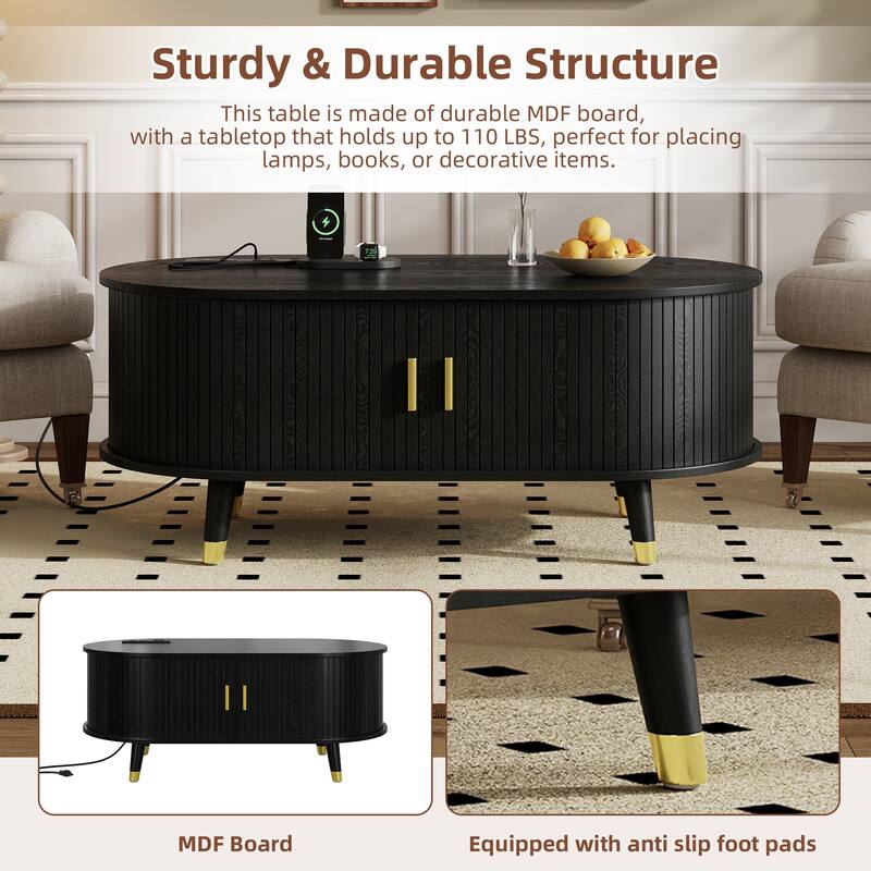 Oval Fluted Coffee Table Center Table with Charging Station, Black Cocktail Table Accent Table with Sliding Door