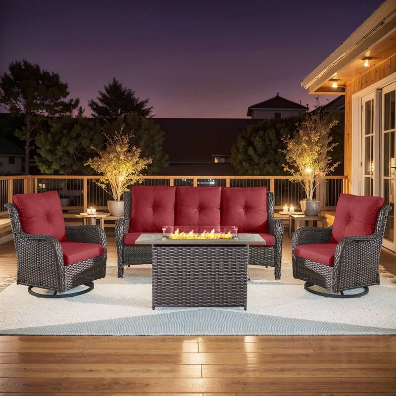 Fire Pit Table with Patio Glider Chairs Sofa Set - Brown - Red