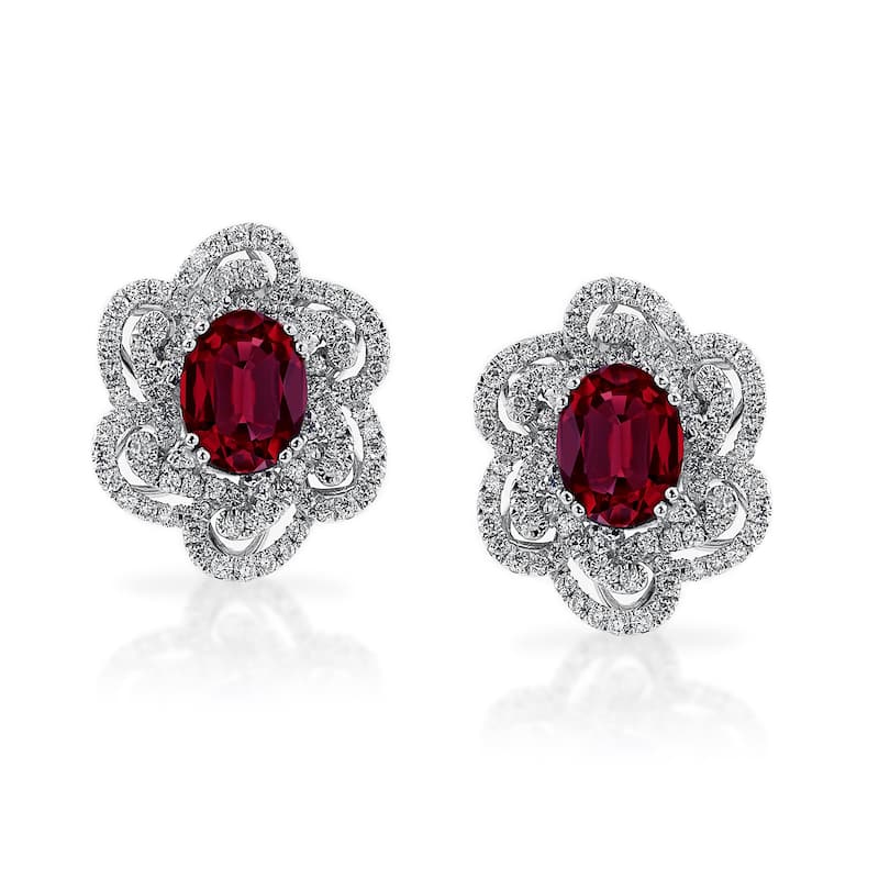 Auriya 2 3/4ct Fancy Oval-cut Red Ruby Halo Diamond Stud Earrings 9/10ctw 18k Gold