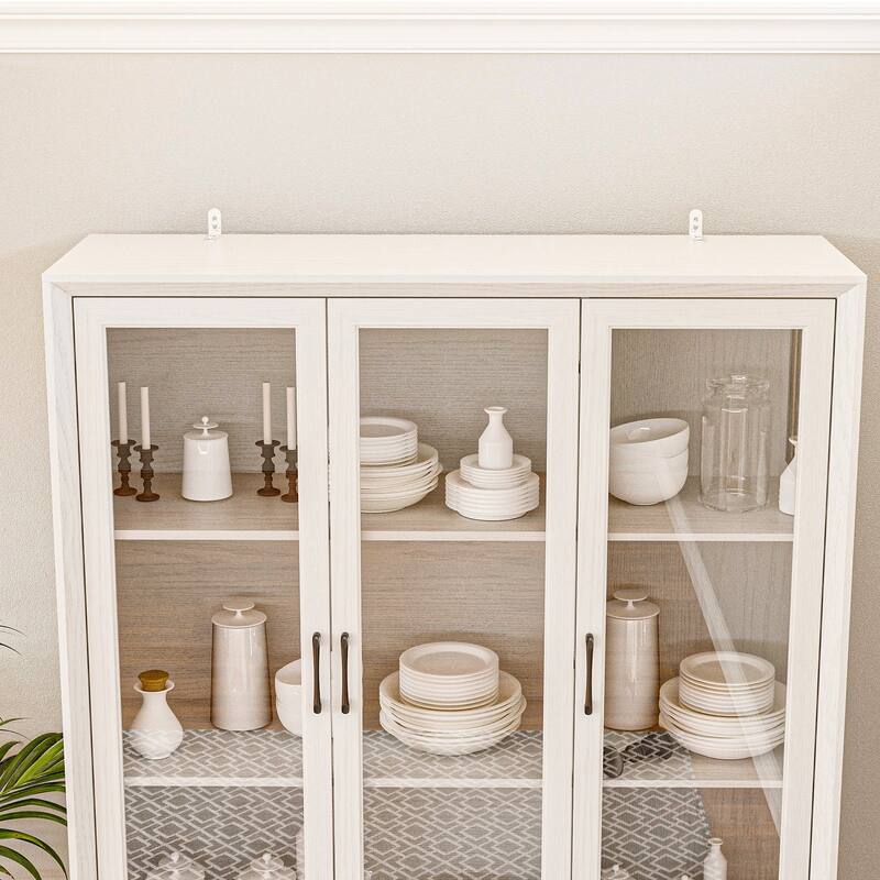 79.6"H Display Bookcase Pantry Cabinet Sideboard with Tempered Glass Doors White/Brown