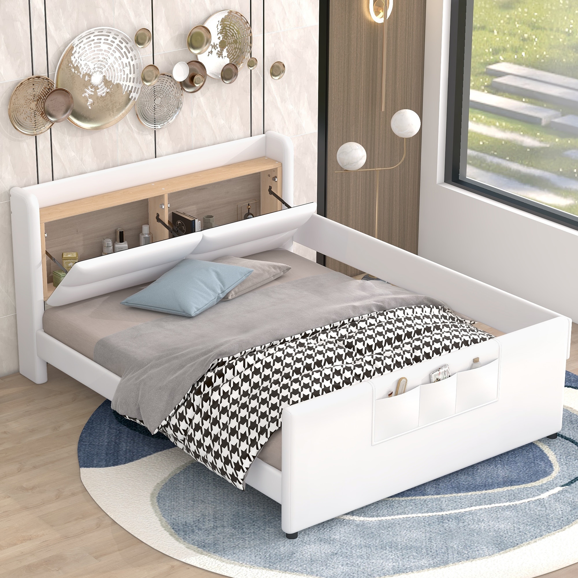 Full PU Leather Bed with Guardrail Storage Headboard Footboard Beige