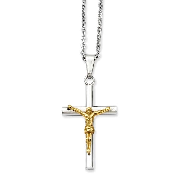 Stainless Steel Polished & IP Gold-plated Crucifix Pendant 20in Necklace (2 mm) - 20 in