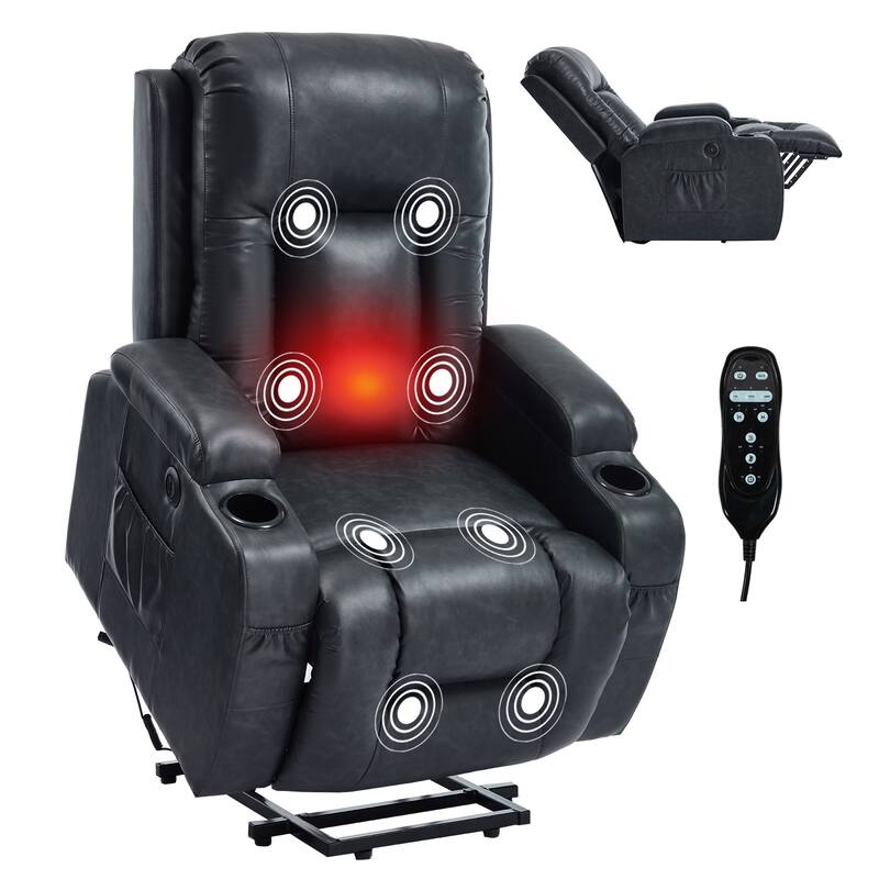 Roomfitters Heavy Duty Power Lift Recliner, PU Leather Massage Chair with Heat, USB Port and Dual Cup Holders