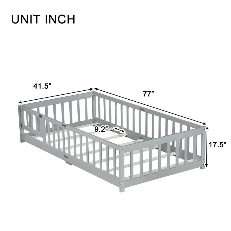 Twin Size Rubber Wood Floor Bed with Fence and Door, Montessori Platform Bed with Safety Guardrails for Kids