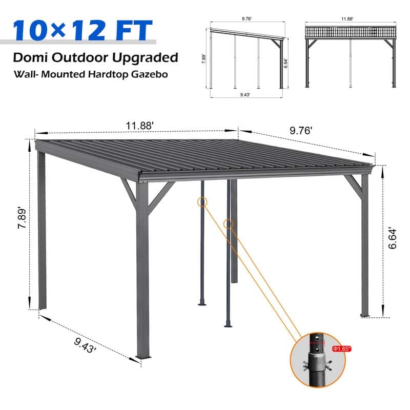 Domi Lean to Gazebo, Outdoor Hardtop Wall Mounted Gazebo with Sloping Galvanized Steel Roof