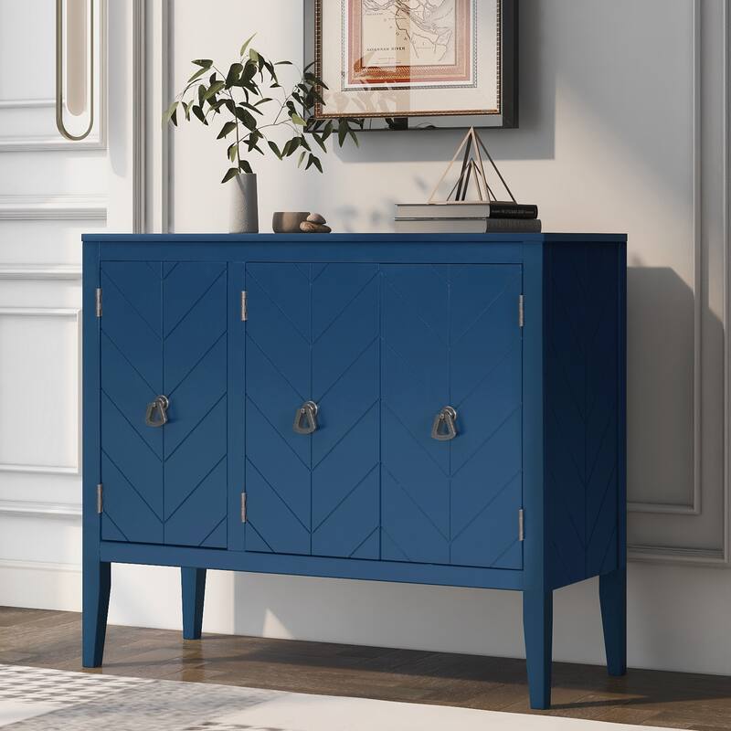 Adjustable Shelf Storage Sideboard with 3 Retro Metal Handles and 4 Pinewood Legs, for Entryway, Living Room, Study Room - Blue