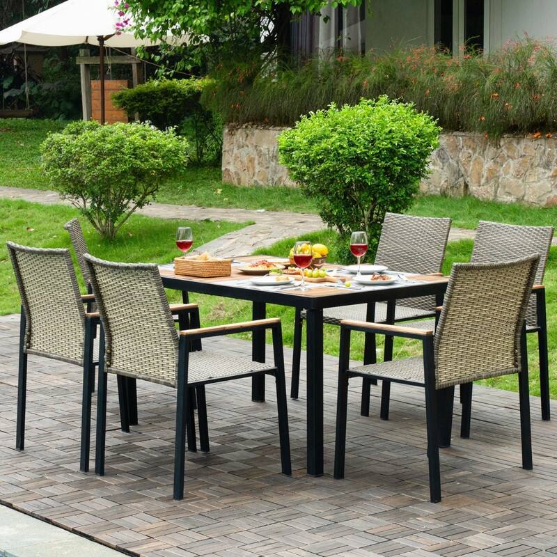 All Weather 7-Piece Patio Dining Table Sets, Patio Conversation Set Acacia Wood Table Top with Umbrella Hole