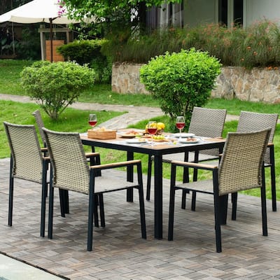 All Weather 7-Piece Patio Dining Table Sets, Patio Conversation Set Acacia Wood Table Top with Umbrella Hole