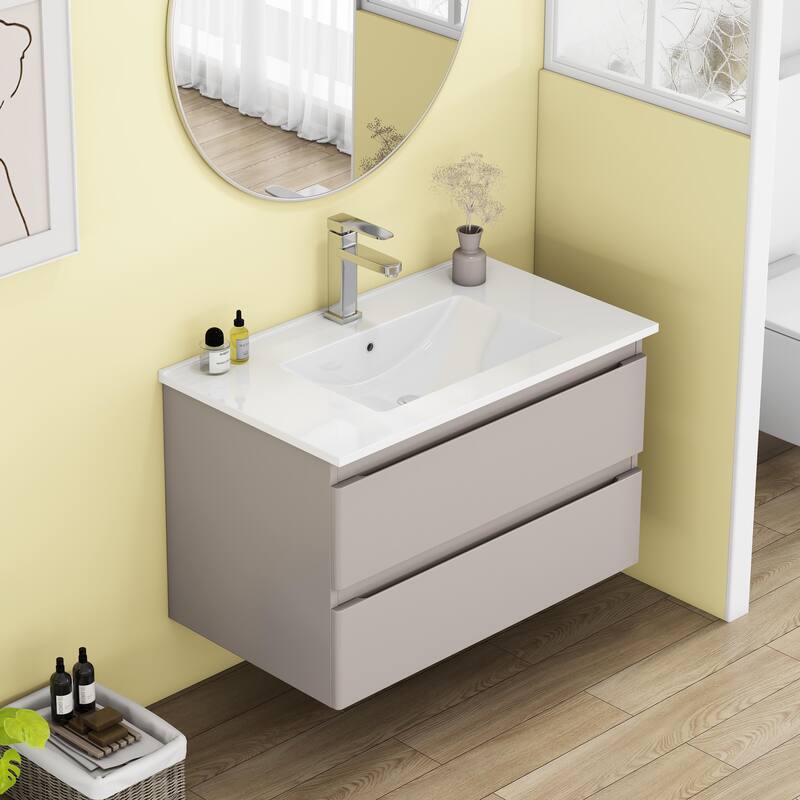 32 Inch Floating Bathroom Vanity with One-piece Ceramic Sink, Wall Mounted Cabinet with 2 Drawers