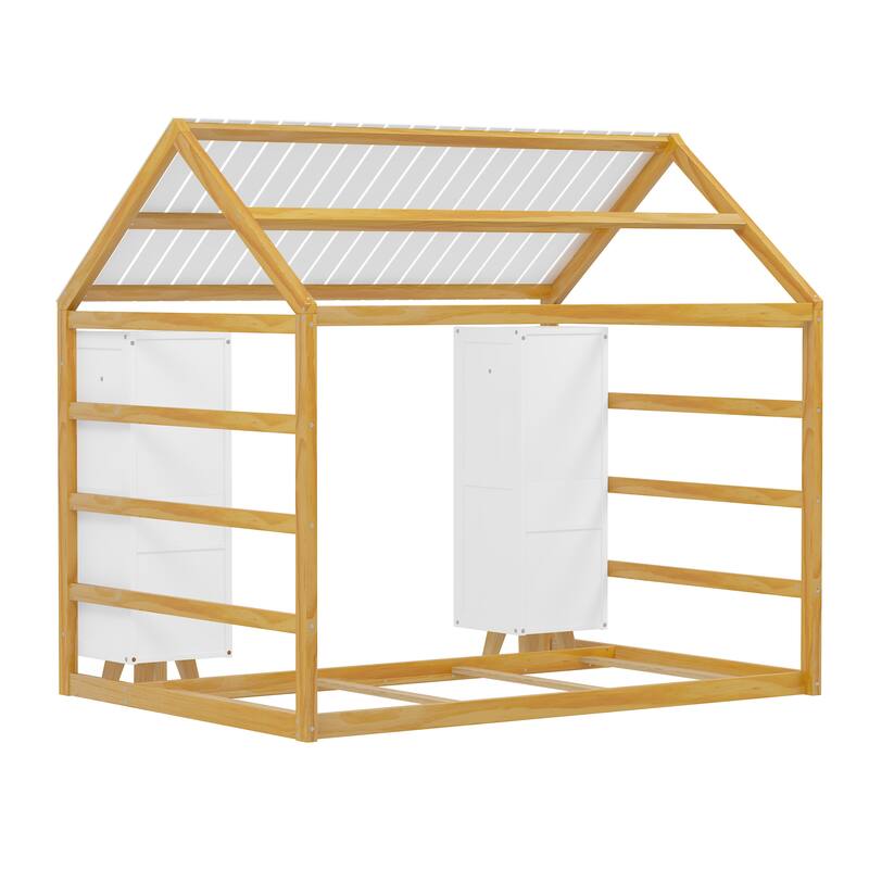 Wooden Twin Size House Bed with Fence and Roof, Kids Floor Bed with Two Movable Wardrobes, Natural