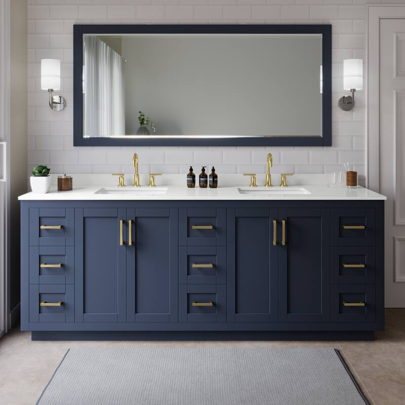 Wyndham Collection WCF292984D-QTZ-US3M70 Miranda 84" Free Standing - Dark Blue / White Quartz Top / Brushed Gold