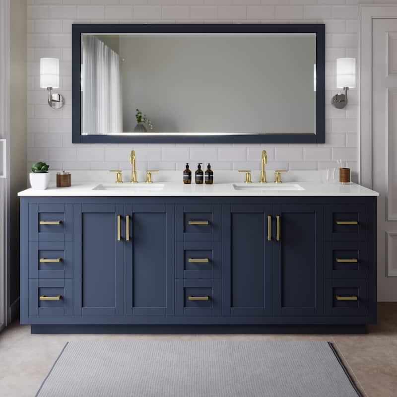Wyndham Collection WCF292984D-QTZ-US3MXX Miranda 84" Free Standing - Dark Blue / White Quartz Top / Brushed Gold