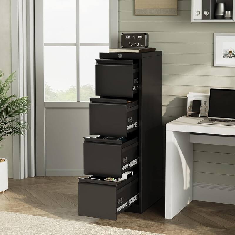 4-Drawer File Storage Cabinet with Lock for Home Office - N/A - Black