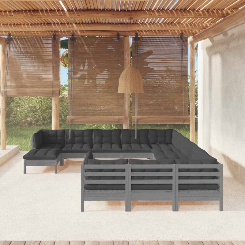 vidaXL Solid Pinewood Patio Lounge Set 13 Piece with Cushions Multi Colors - Grey
