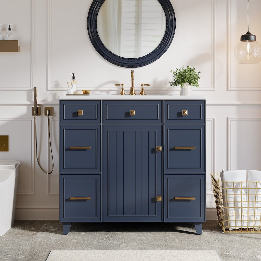 36-Inch Freestanding Bathroom Vanity with Ceramic Sink ,Solid Rubberwood Frame