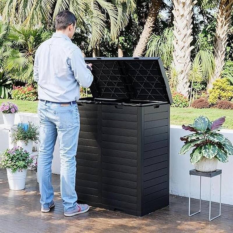 62 Gallon Outdoor Trash Can with Laminated Lid and Drip Tray Waterproof Outdoor Trash Can for Patios, Backyards - Black