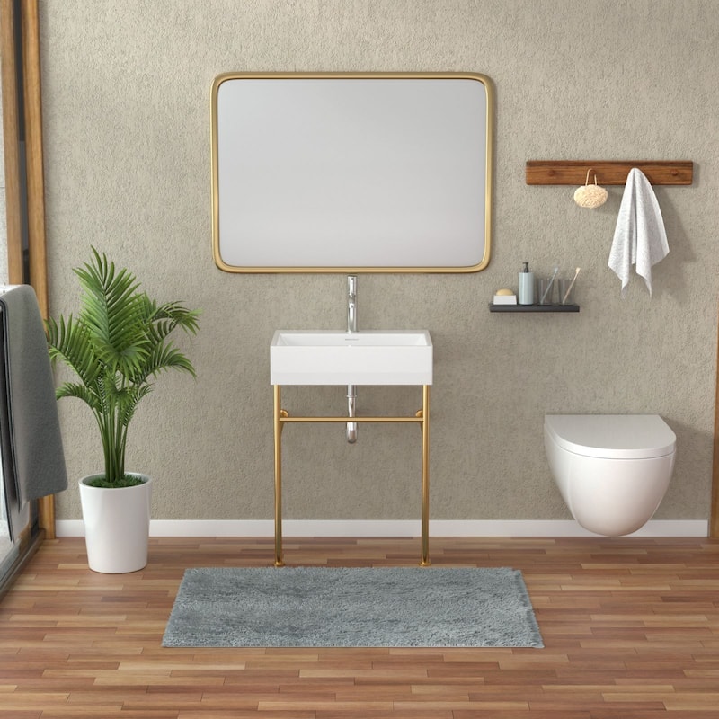 Lordear 24/30 in Ceramic White Single Bowl Console Sink Basin and Black/Gold Legs Combo with Overflow