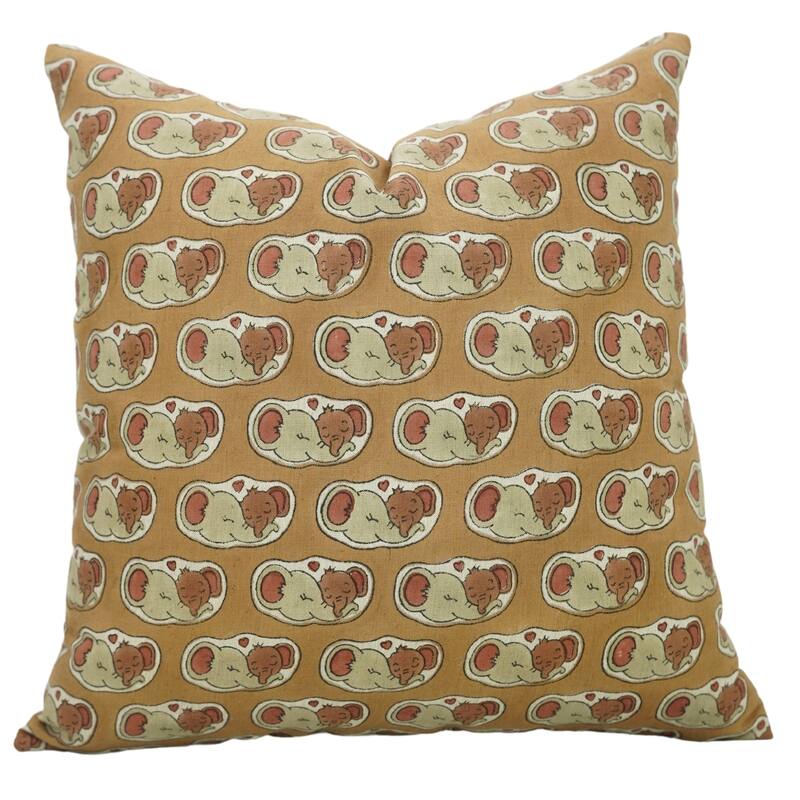 Fabdivine Handmade Block Print Elephant Kids Room Décor Pillow Cover - Elephant- Dark Brown, Beige - 16" x 16"