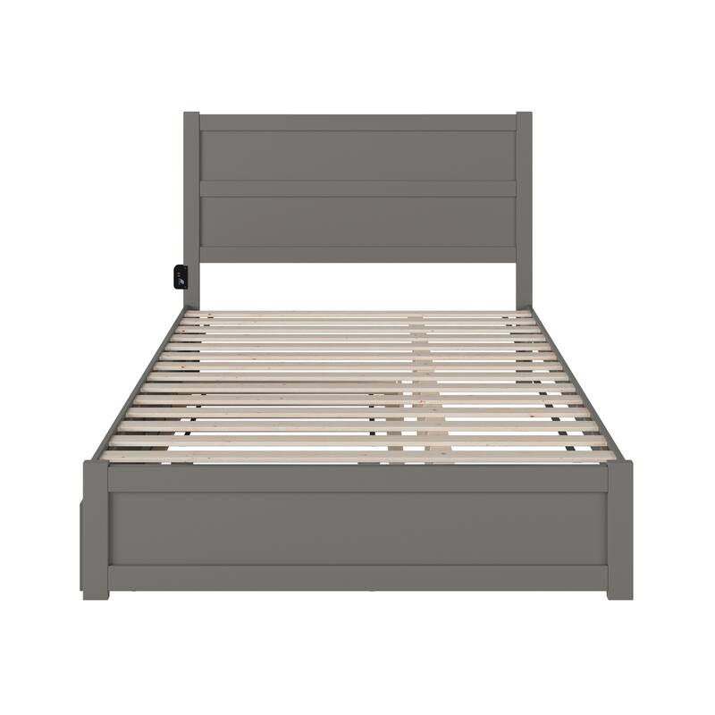 Twin Trundle Bed with Footboard - Grey Platform Bed Frame, Modern Style, Space Saving Design