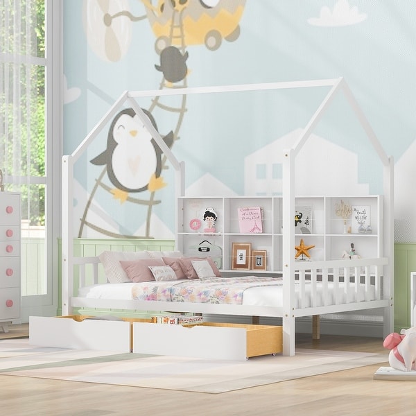 slide 2 of 9, Playhouse Themed Full Bed with Built-In Storage and Robust Wooden Frame White