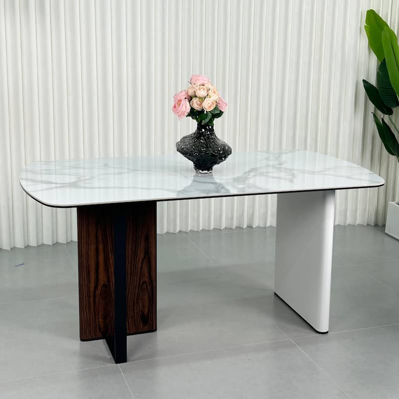 63" Dining Table Long Rectangular Kitchen Table with Sintered Stone Tempered Glass-top