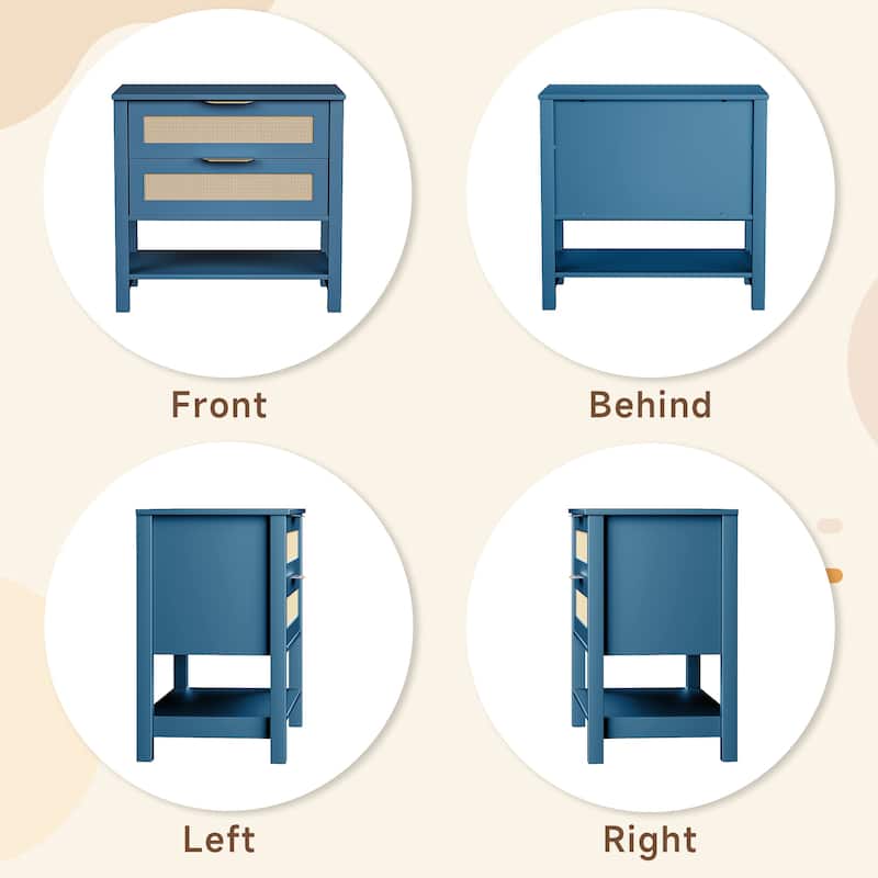 Rattan Nightstand with 2 Drawers and Storage Shelf Boho Bedside Narrow Side Table for Bedroom