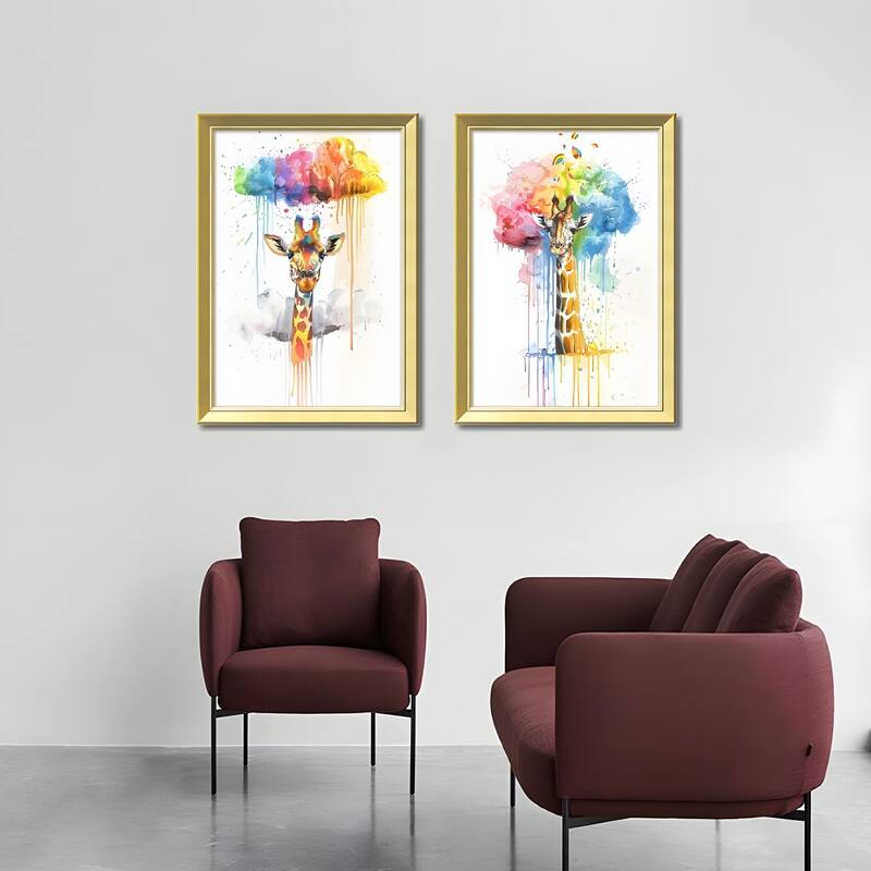 Set of 3 Colorful Giraffe Framed Wall Art - Replaceable Canvas Prints with Solid Wood Picture Frames, Creative Animal