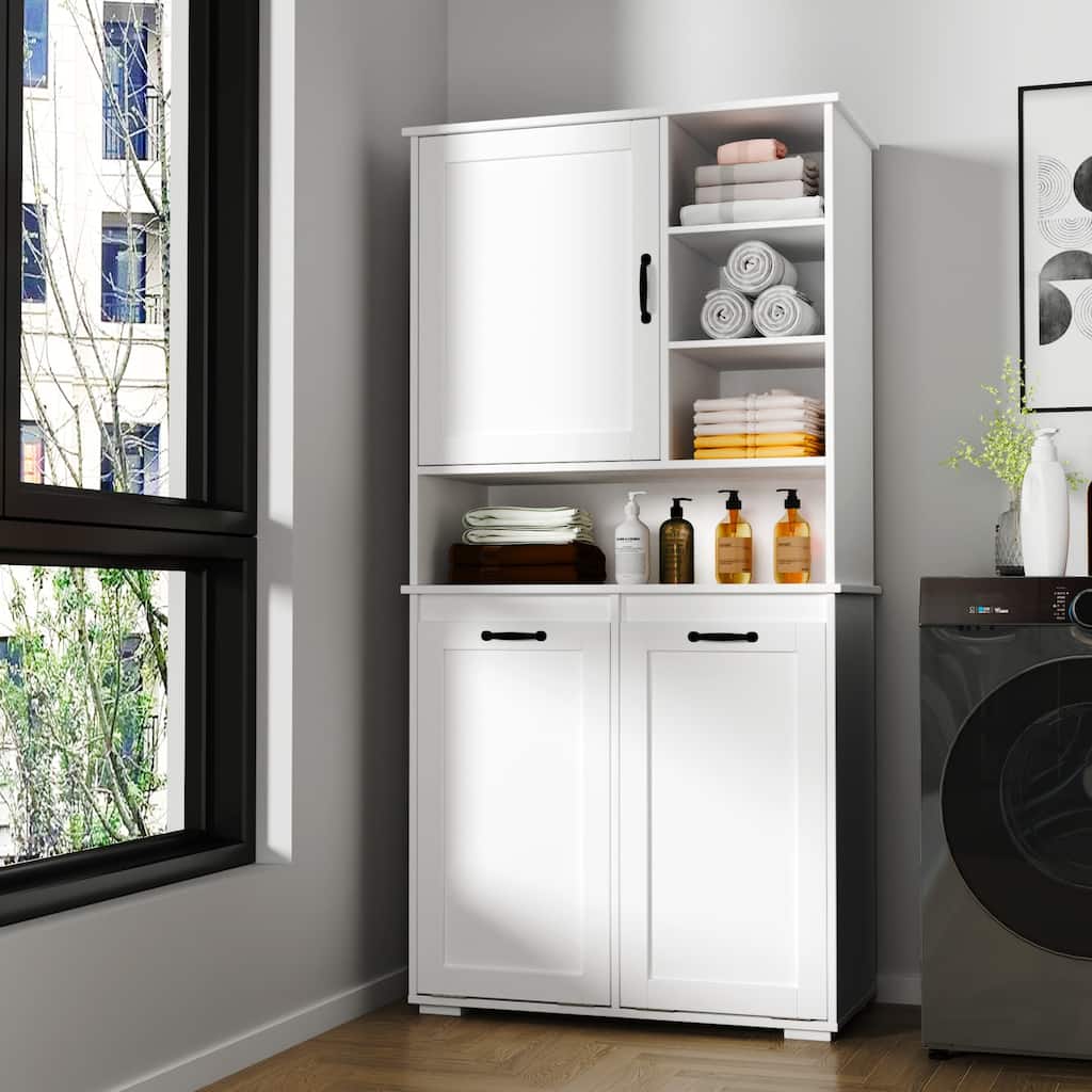 GDFStudio - 63" Freestanding Laundry Storage Cabinet with Tilt-Out Hampers, 4 Layer Open & Adjustable Shelving - Open shelf