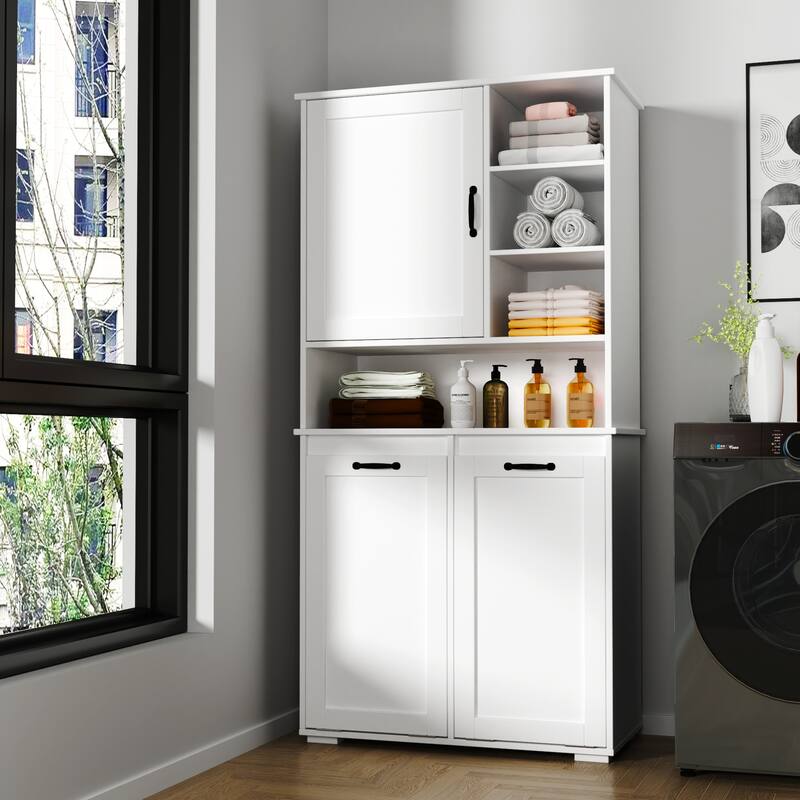 Laundry Storage Cabinet - Tilt-Out Hamper, Adjustable Shelves, Freestanding Organizer