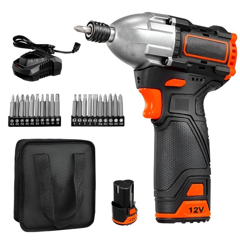 Black Brushless Cordless Impact Driver 12V DC with 1062 in-lbs Torque, LED Light and Dual Batteries - 5.9 x 2.2 x 7.3 in