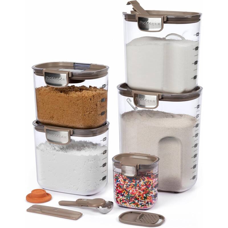 ProKeeper+ 9 Piece Clear Plastic Airtight Food Flour and Sugar Baker's Kitchen Storage Organization Container - Taupe