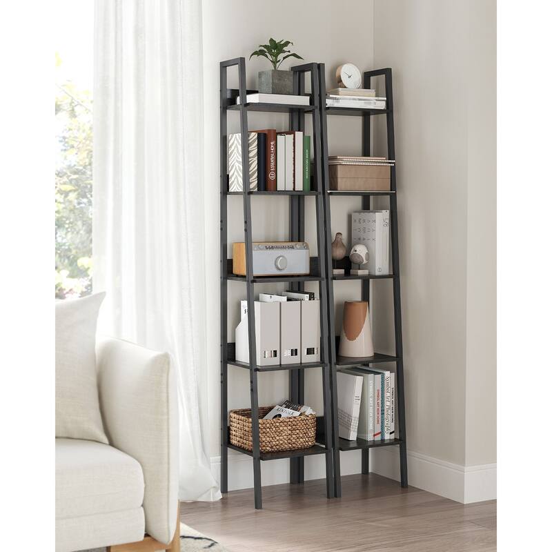 Bookshelf, Ladder Shelf 5-Tier, Freestanding Storage Shelves, Rustic Brown and Black - 11.8”D x 13.3”W x 66.9”H