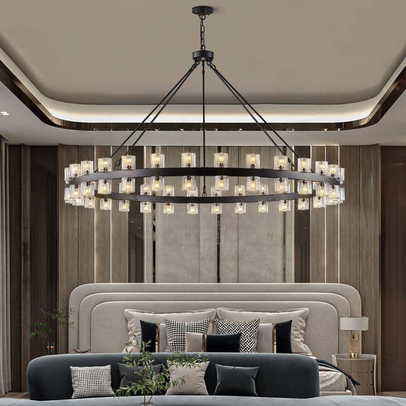 KAYLA Wagon Wheel Chandelier With Crystal Shade - 60in-60Light/Chain - Black