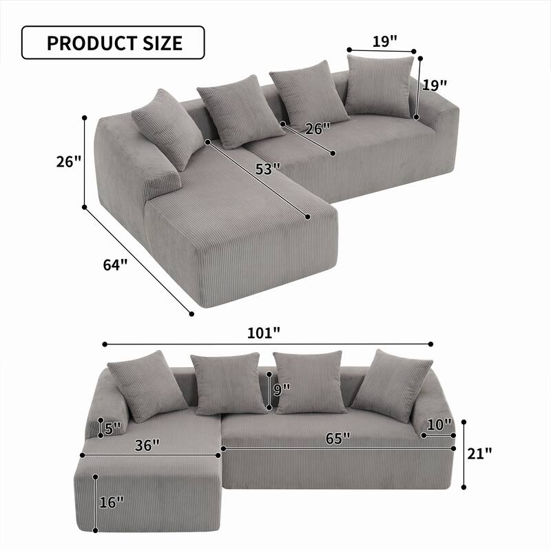 Chaise 3-Seater Sofa, Plush Corduroy, 4 Pillows, Compact