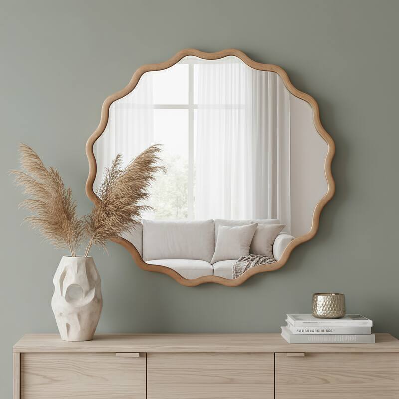 GDFStudio - Primeva Organic Wavy Round Solid Wood Decorative Wall Mirror with Sculptural Frame Design