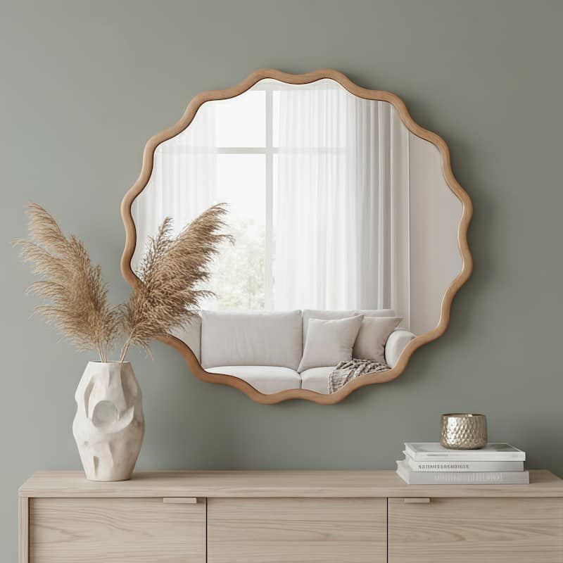Natural Wood Wavy Round Solid Wood Decorative Mirror - Bedroom, Bathroom, Living Room - Natural Wood