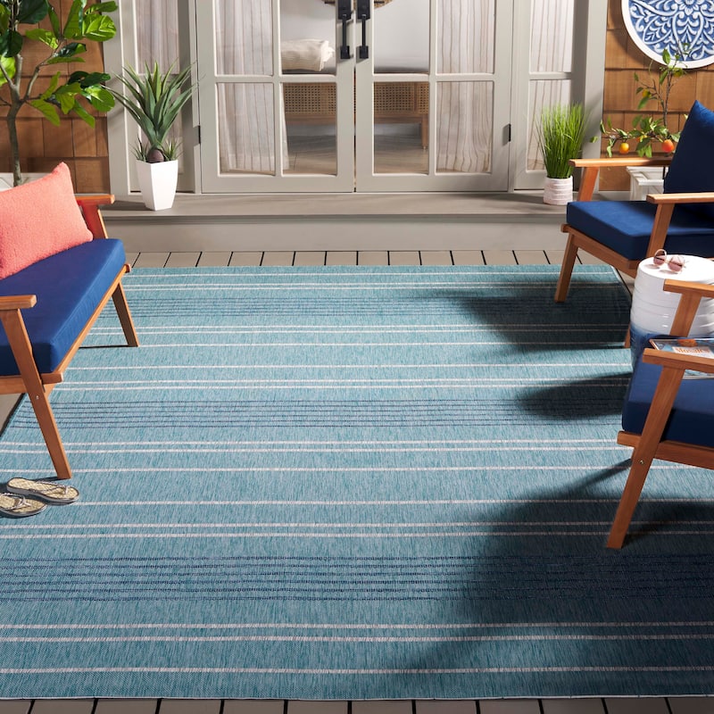 SAFAVIEH Courtyard Jeannet Indoor/Outdoor Stripe Rug - 8' x 11' - Aqua/Grey