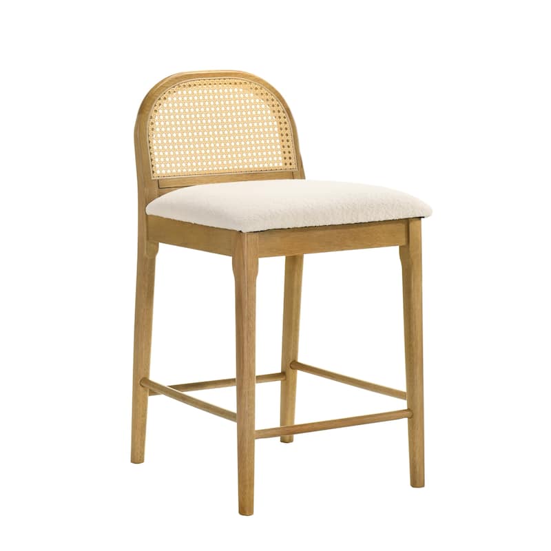 Lucio Modern Farmhouse Wood Counter Height Kitchen Bar Stool with White Boucle Fabric Upholstered Seat